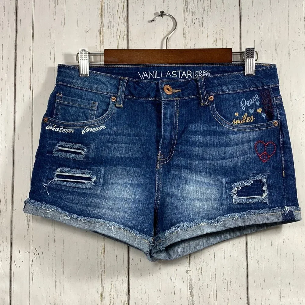 Vanilla Star Womens Embroidered Cuffed Distressed Mid Rise Jean Denim Shorts